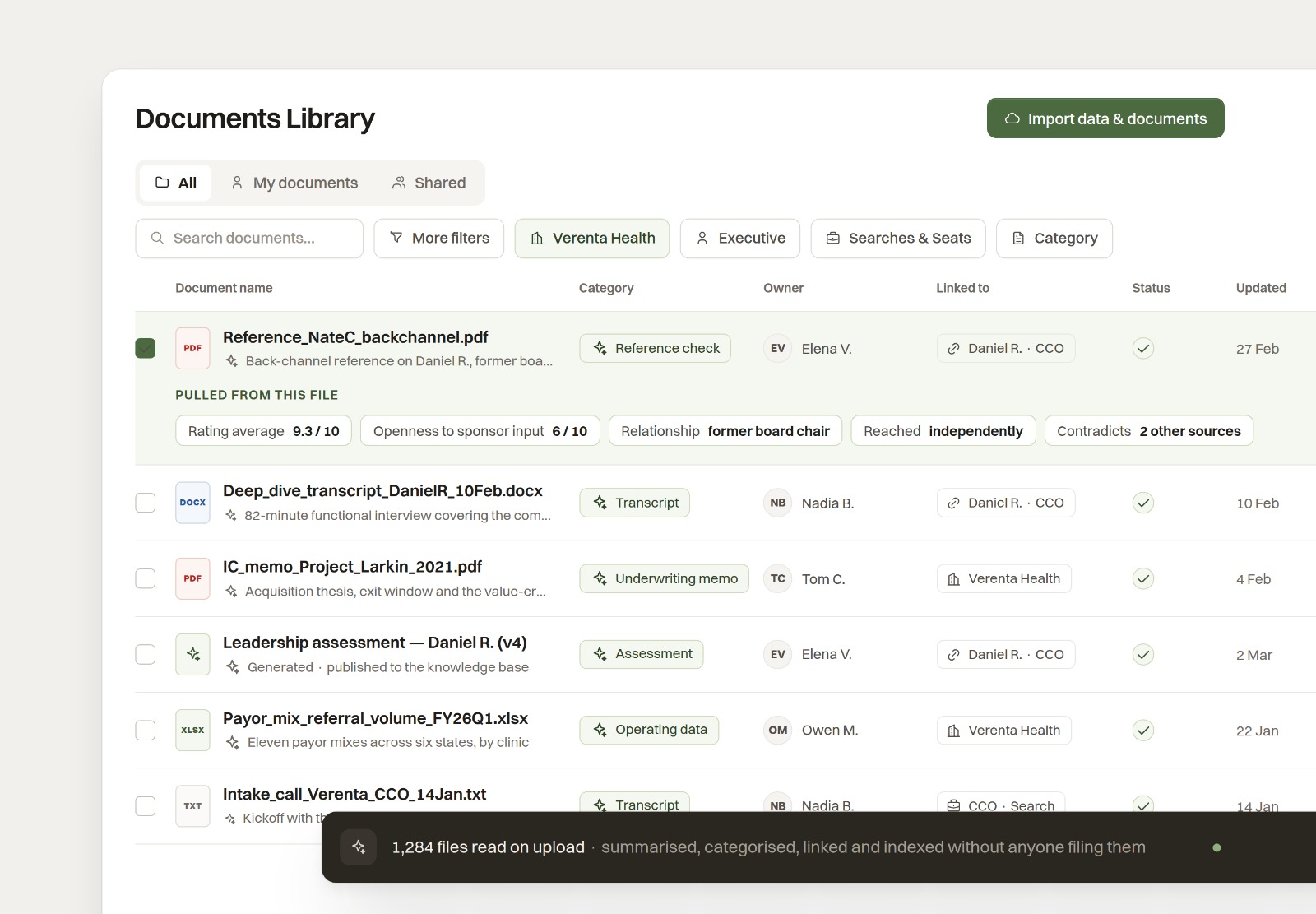 The document library — resumes, transcripts, 360s and prior scorecards, tagged and traceable to source